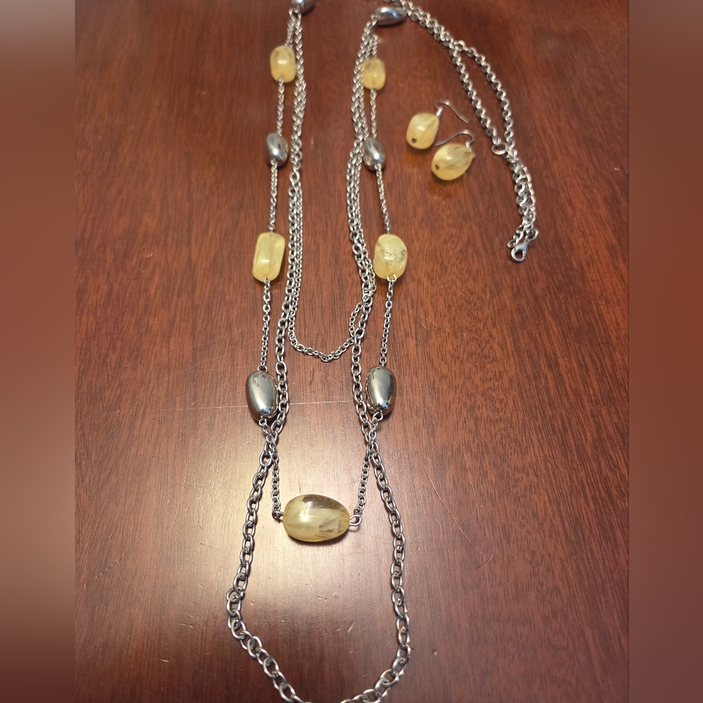 Silver and Yellow Gemstone Necklace & Earring Set